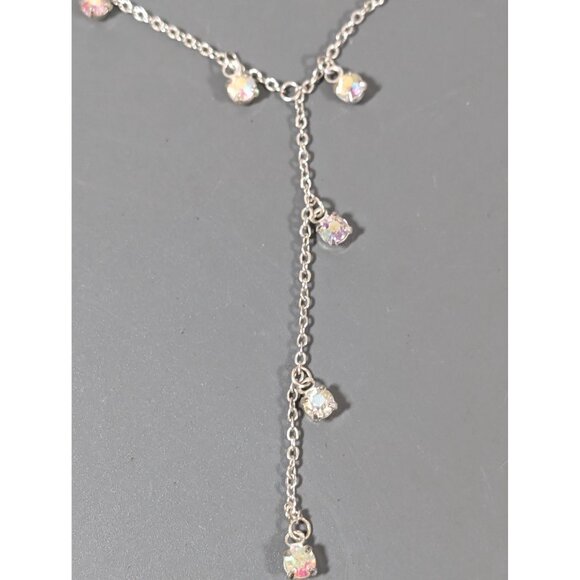 Silver Tone Aurora Borealis Rhinestone Charm Y-Drop Necklace Dainty 18" - Picture 4 of 8